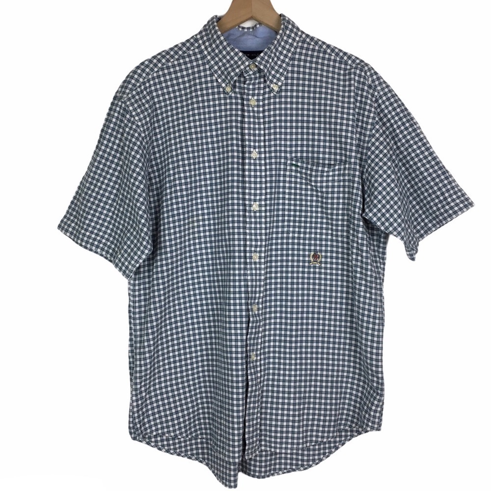 TOMMY HILFIGER Vintage Y2K Button Down Shirt Short Sleeve Plaid Crest Size Large